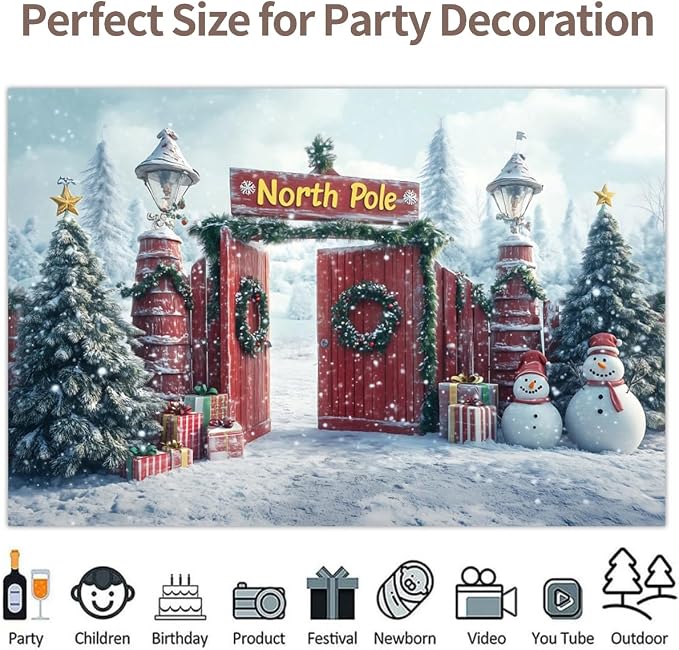 Christmas North Pole Barn Door Photography Backdrop 10x8ft Vinyl | Winter Snow Forest Snowman Xmas Scene Background, Holiday Party Decorations, Winter Wonderland Banner, New Year Photo Props - Image 4
