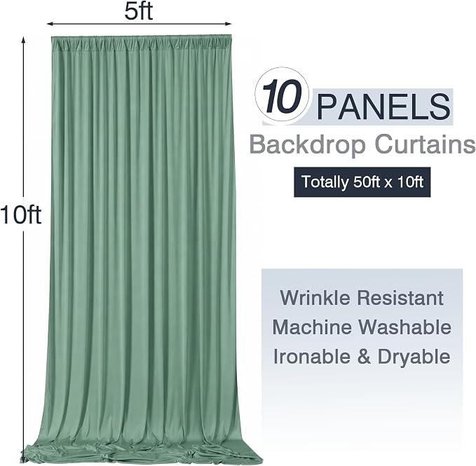 50ftx10ft Wrinkle Free Sage Green Backdrop Curtains for Parties, 10 Panels 5x10ft Silky Polyester Photo Backdrop Drapes Back Drop Cloth Drapery for Wedding Birthday Photography Background - Image 5
