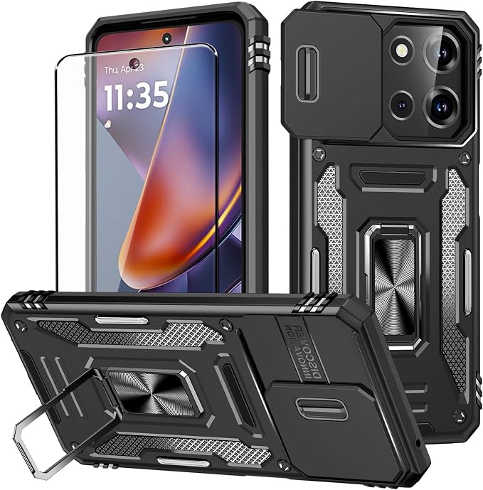 for Moto G 2025 Case with Screen Protector and with Camera Cover, 360°Military Grade Rotatable Kickstand (Heavy Duty) Shockproof Protective, Case for Moto G 2025 Black by Aozuoton