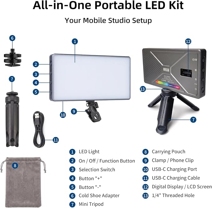 225 LED Portable Selfie Light, Video Conference Light, 4000mAh Rechargeable, App Control, Tripod, Metal Hot Shoe, Clip, CRI 97+, 24 Light Modes for Phone, Camera, Live Streaming, Makeup, Photography - Image 8