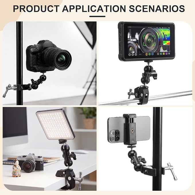 Tellegloww 4 Pack Camera Mount Clamp with 360° Dual Ball Head Magic Arm, Heavy Duty Super Clamps Mount Kit, Adjustable Camera Clamp for DSLR Monitor LED Light Microphone, 1/4" and 3/8" Thread - Image 6