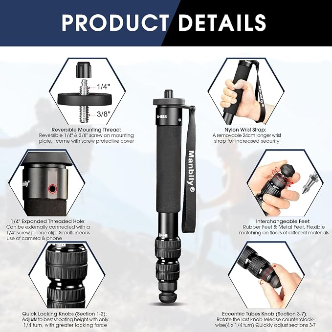 A-888 Camera Monopod, Length 32cm - 156cm, Aluminum Monopods for Cameras 7 Sections, Compact Travel Portable Selfie Stick for DSLR Smartphone Concert Festival - Image 2