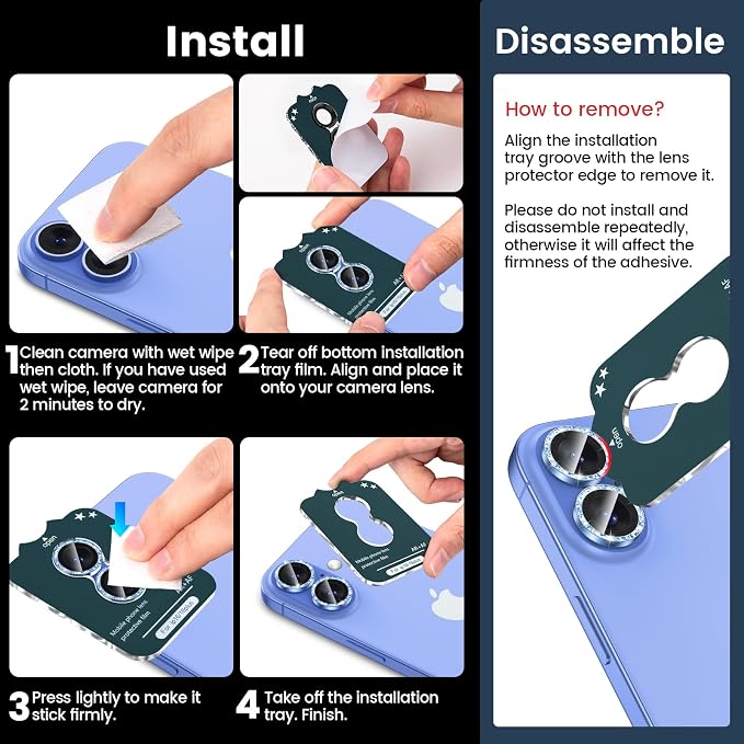 Tensea for iPhone 16/16 Plus Camera Lens Protector Bling, Camera Cover | 9H Tempered Glass Camera Screen Protector, Metal Individual Ring for iPhone16 6.1inch/ 16Plus 6.7inch, HD Clear, Easy Install - Image 7