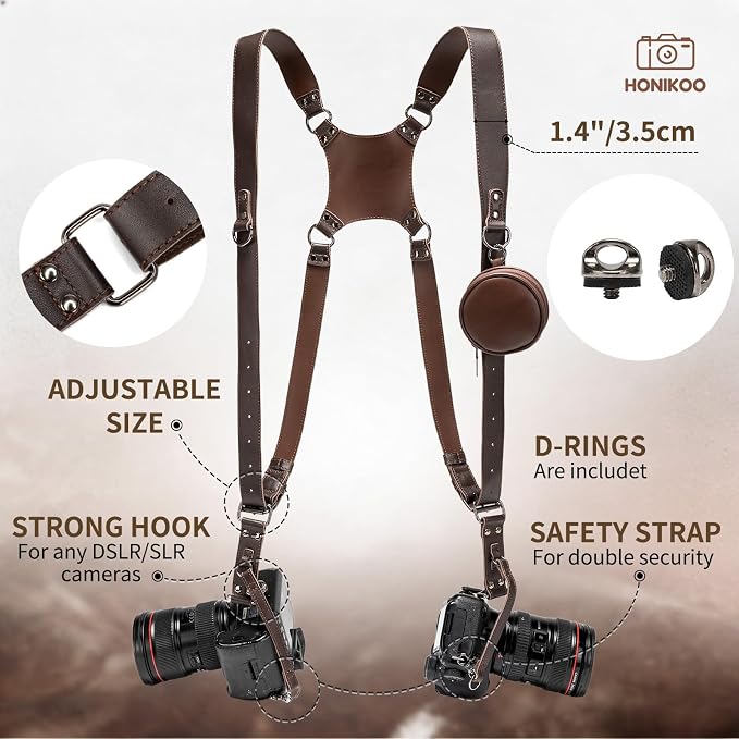 Dual Camera Harness Leather Camera Straps for Photographers for DSLR/SLR | Camera Holster Camera Harness for Photographers Leather Harness Camera Belt Spider Holster Camera Belt Camera Neck Strap - Image 3