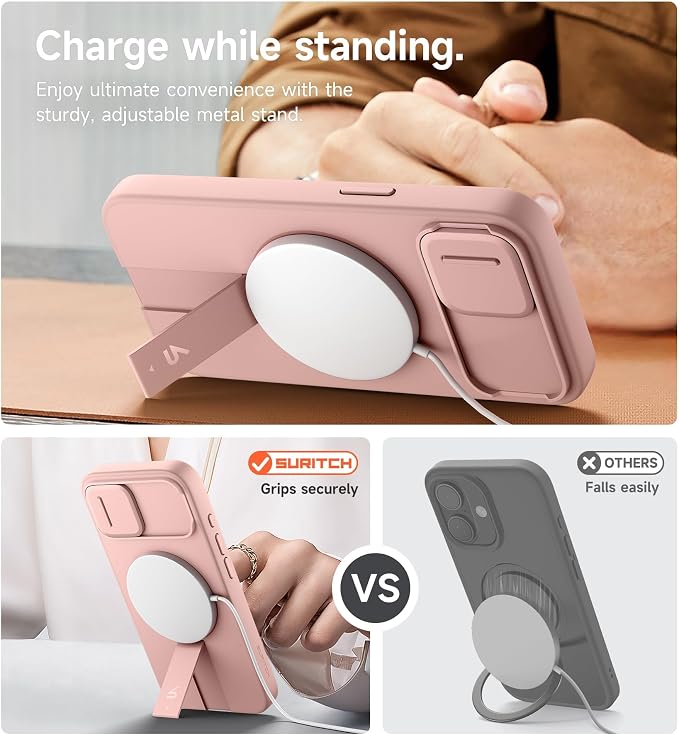 SURITCH for iPhone 17e/16e Case with Magnetic Camera Slide Cover and Adjustable Kickstand, Compatible with MagSafe, Shockproof Bumper Case Slim Protective Cover 6.1 Inch,Pink - Image 5