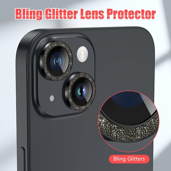 AGVEE 3+3 6 Pack for iPhone 14/14 Plus Camera Lens Protector Cover | Individual Bling Diamond & Bling Glitter Sparkle Cute Gem Metal Ring, 9H Tempered HD Glass - Image 5