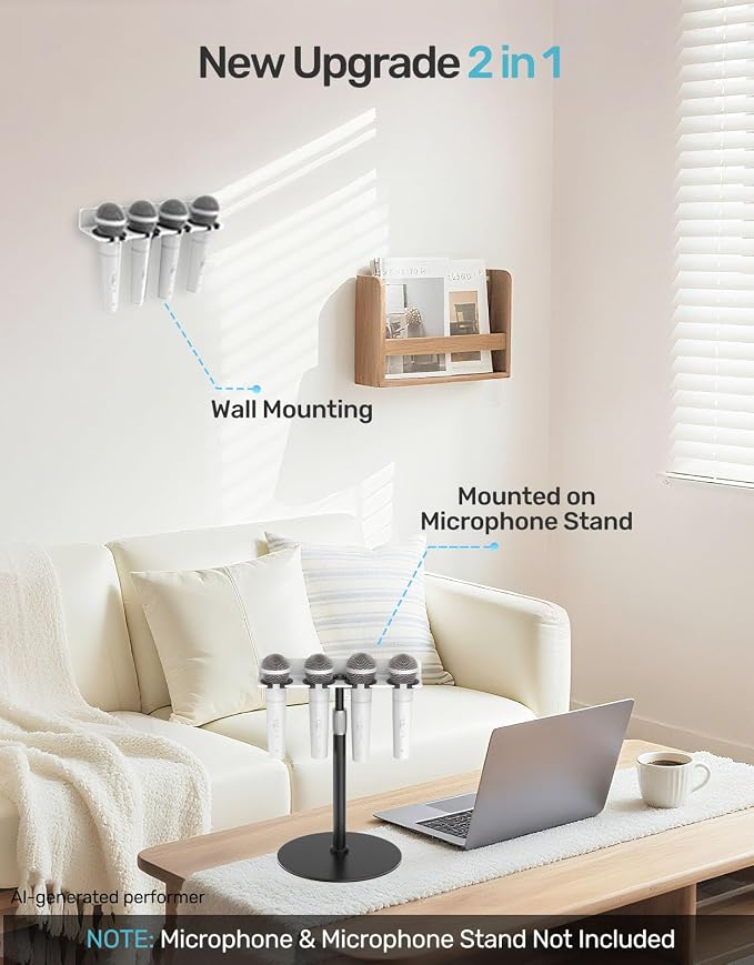 Multi Mic Holder, Wall Mount for 4 Handheld Wired/Wireless Mics, White | Compatible with 5/8-27 & 3/8-16 Thread Stand, Rubber Pad Protection, Easy Access for Church/Stage/Podcast, Sturdy Metal Build - Image 2