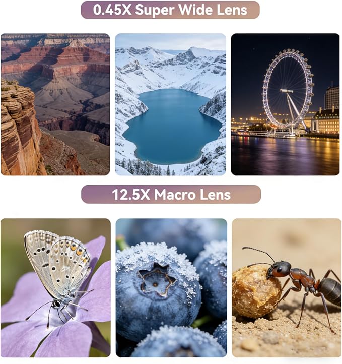 Phone Camera Lens Kit 2 in 1, 0.45X Wide Angle Lens+ 12.5X Macro Lens, Cell Phone Len Attachments Accessory for iPhone, for Samsung, for Android Smartphone - Image 6