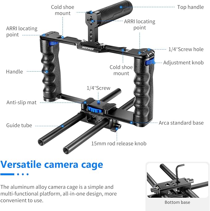 NEEWER Aluminum Alloy Camera Cage, Filmmaking Rig with Top Handle | Dual Grips & Arca Type Base, Compatible with Sony A7S III A7IV A6600 Canon EOS R5C R5 R6 DSLR/Mirrorless Cameras, VS107 Blue - Image 2