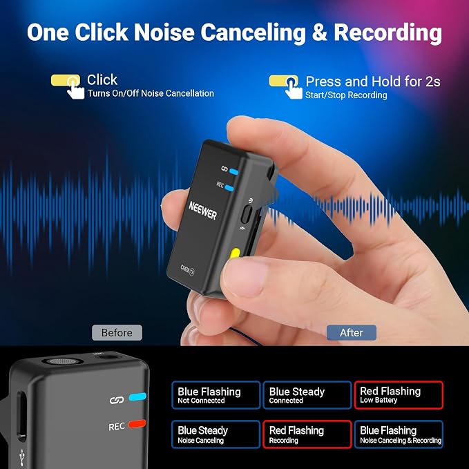 NEEWER CM28 Wireless Lavalier Microphone, Smart Noise Cancelling Lav Mic, 48KHz/16Bit 9hrs Uncompressed Recording, 200m Range, 4GB Storage for iPhone, Android, Camera, 1 RX + 2 TX + Charging Case - Image 5