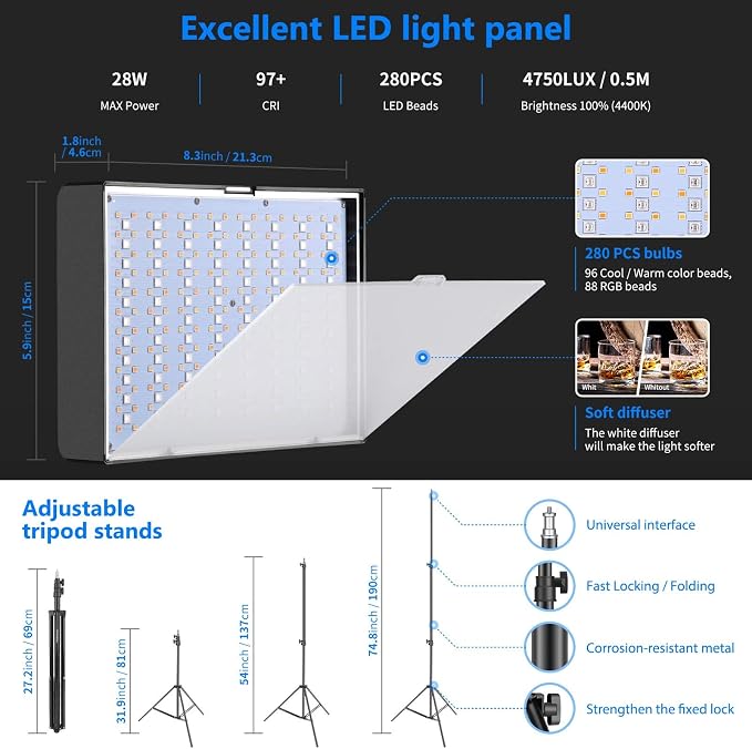 NEEWER 2 Pack RGB Video Light with Tripod Stands NP-F550 Batteries, Studio LED Panel Key Lighting Kit for Game Streaming YouTube Recording Photography Photoshoot Podcast, APP Control/CRI97+, RGB-P280 - Image 2
