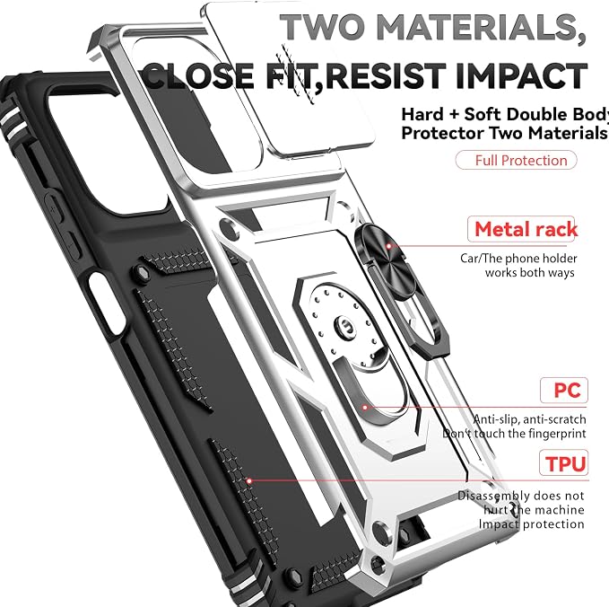 for Motorola Moto G 2025 / Moto G 2026 / Moto G Play 2026 Case, with Slide Camera Cover HD Screen Protector [Military Grade 16ft. Drop Tested] Ring Holder Kickstand Protective Phone Case, Silver - Image 8