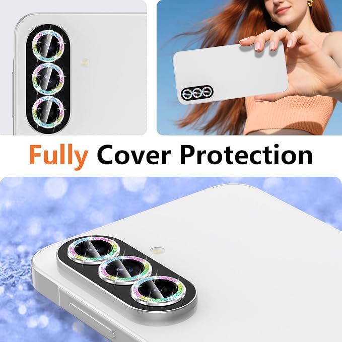for Samsung Galaxy A37/A57 Camera Lens Protector, Individual Metal Ring Tempered Glass Lens Cover, [Strong Adsorption] Scratch Resistant Ultra-Thin HD Clear Lens Cover, 1 Set-Colorful Sparkly - Image 7
