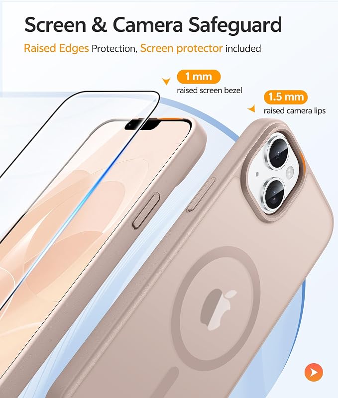 FNTCASE for iPhone 15/14 Plus Case, Fit for Magsafe, Screen Protector | Translucent Matte Magnetic Back, 14FT Military Grade Drop Protection, Shockproof Protective Phone Cover, Desert Gold - Image 4