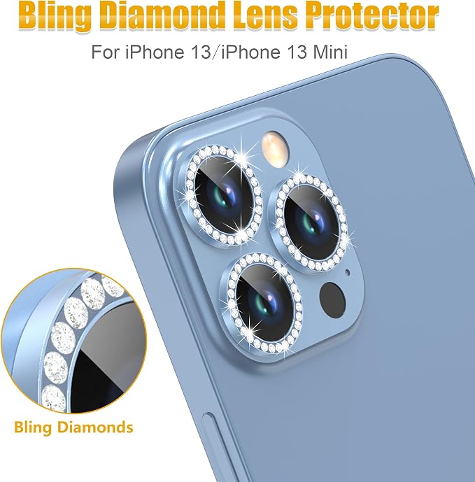 AGVEE 3+3 6 Pack for iPhone 13 Pro & Max Camera Lens Protector Cover | Individual Bling Diamond & Bling Glitter Sparkle Cute Gem Metal Ring, 9H Tempered HD Glass - Image 4