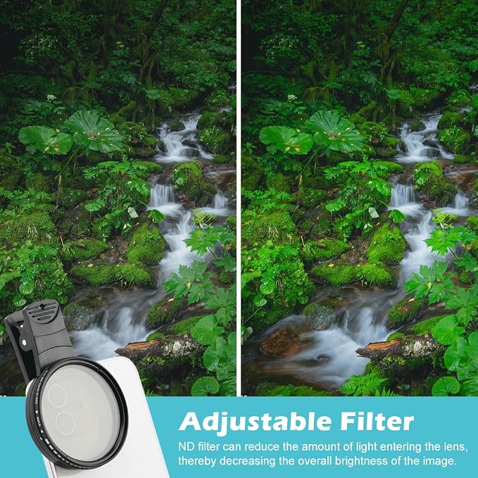 52MM Variable ND2-ND400 Filter, Clip-on Phone Lens ND Filter Kit Multi-Coated Adjustable Neutral Density Filter Compatible with iPhoneSamsung/Android Smartphones(Color:Black) - Image 2