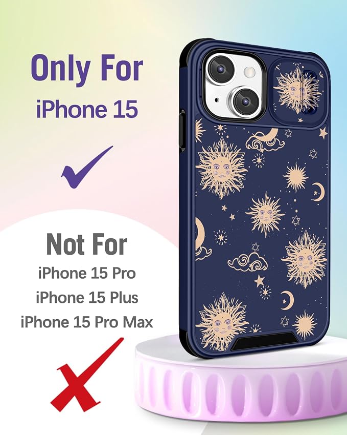 Buleens for iPhone 15 Case 6.1 Inch - with Ring Stand & Camera Cover Aesthetic Cute Designed for Women Girls Sun Moon Stars for Phone Case for iPhone 15 Compatible with Magsafe - Image 2
