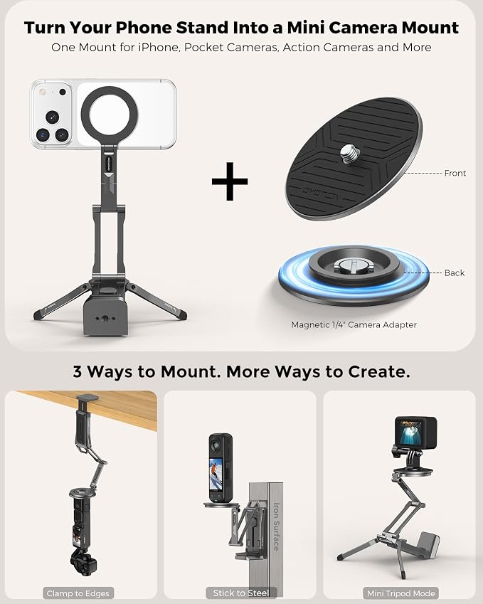 OMOTON TP02-Ultra Multi-Device Camera & Phone Mount with 1/4" Adapter, Grey | Built-In 1/4" & Arca Base, Clamp, Magnetic & Tripod Setups for iPhone, Pocket/Action Cameras, Overhead & Low-Angle Filming - Image 2