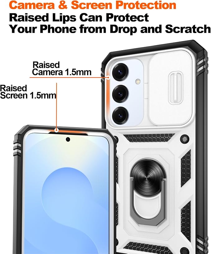 Gritup Fit for Samsung Galaxy S25 Case with Slide Camera Cover | 2 Pcs Screen Protector, Build in 360° Rotating Ring Kickstand, Military Grade Protective Phone Case, White+Black - Image 5