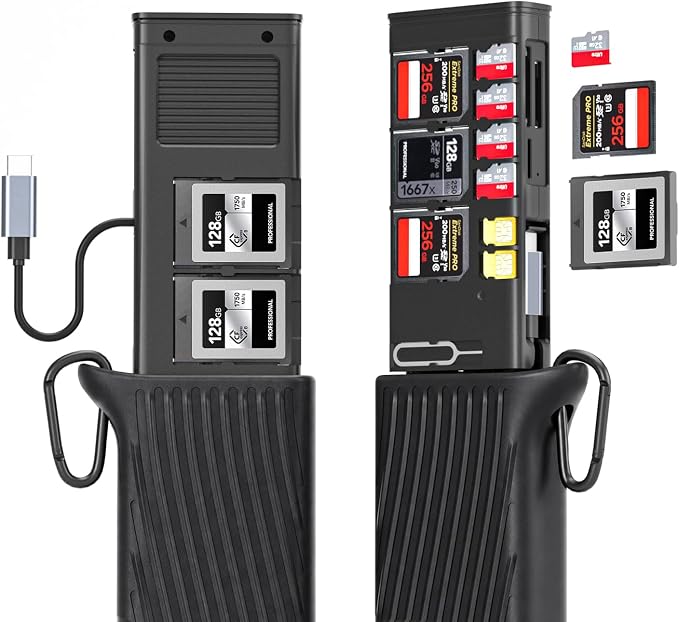 2-in-1 CFexpress Type B Card Reader & Memory Card Holder Case, 10Gbps USB-C 3.2 Gen 2 High-Speed Reader, 3-Slot Simultaneous Read for CFE-B/SD/MicroSD, Rugged Organizer for Photographers by Rytaki+Pro