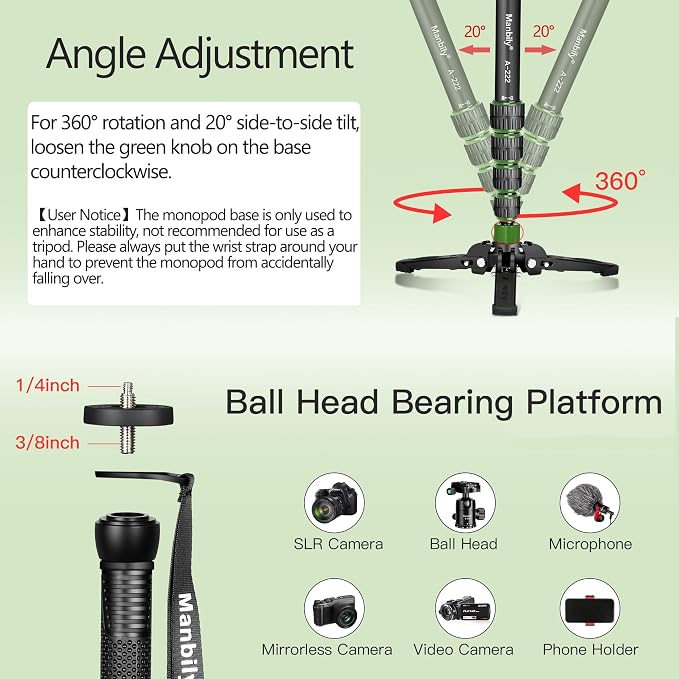 Camera Monopod with Feet, Aluminum Portable Travel Monopod with Removable Tripod Stand Base for DSLR Canon Nikon Sony Video Camcorder (Green) - Image 4