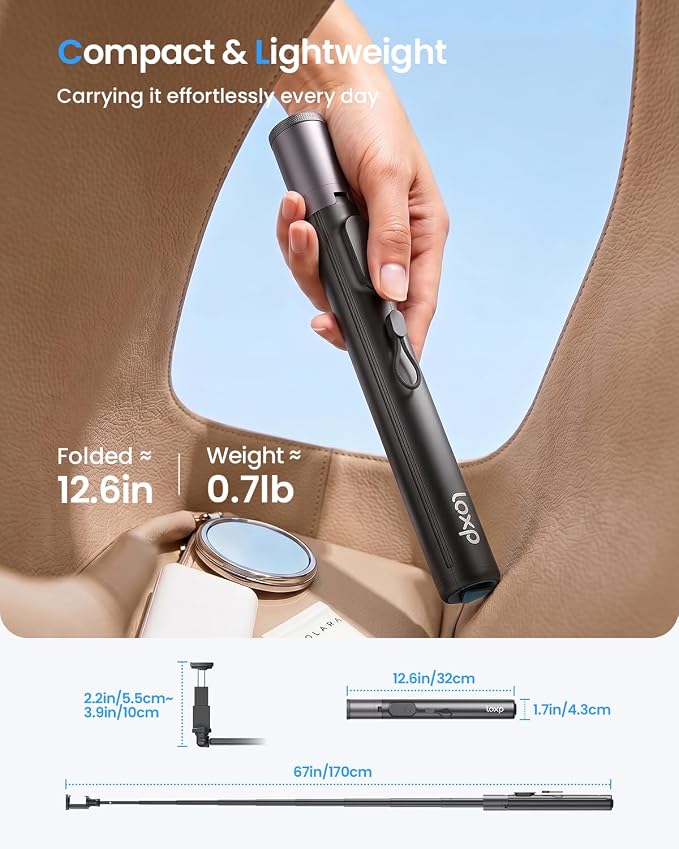 LOXP 67'' Phone Tripod with Remote, 0.01s Auto-Open for Content Creator | Selfie Stick for iPhone/ Android, Portable iPhone Tripod with Cold Shoe/ 1/4" Adapter for Travel, Vlog, Live, Golf, Video - Image 6