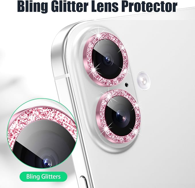 AGVEE 3+3 6 Pack for iPhone 16/16 Plus Camera Lens Protector Cover | Individual Bling Diamond & Bling Glitter Sparkle Cute Gem Metal Ring, 9H Tempered HD Glass - Image 5