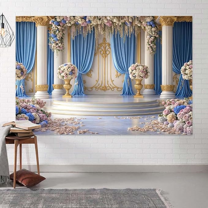 15X10ft Luxurious Blue and White Floral Backdrop for Photography Castle Palace Wedding Party Decortion Elegant Flowers Backdrop Wedding Birthday Party Decorations Bridal Shower Backdrops Studio Props - Image 5