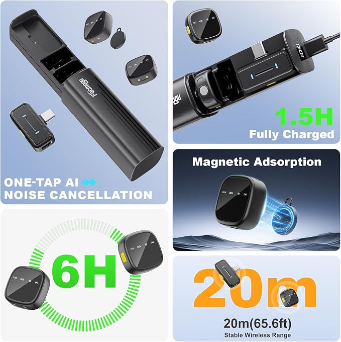 Facmogu K26 AI Noise Reduction Wireless Lavalier Microphone for Android & iPhone15/16/17(USB-C Plug), Reverb, Magnetic Mini Lav Mic Lapel Clip on Mic with Charging Case for YouTube, TikTok, Vlogging - Image 2