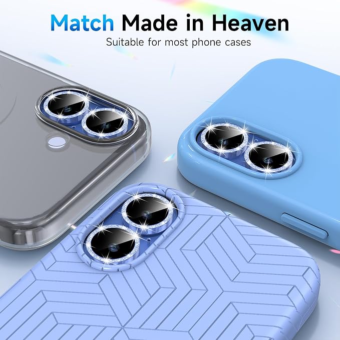 YWXTW Camera Lens Protector for iPhone 17, Individual Bling Glitter Metal Ring Tempered Glass Camera Screen Protector for iPhone 17 Accessories, Case Friendly (Glitter Blue) - Image 6