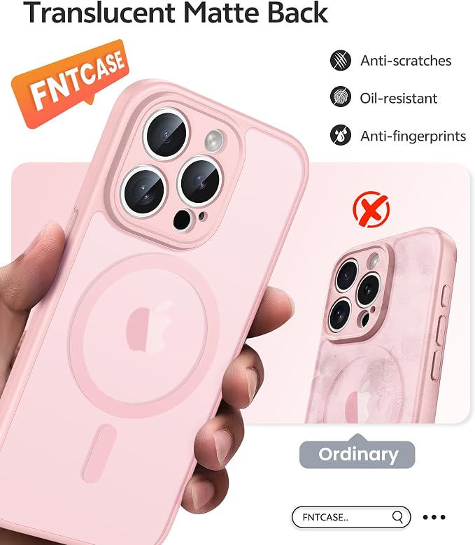 FNTCASE for iPhone 15 Pro Max Case, Fit for Magsafe, Glass Screen Protector | Full Camera Protection, Translucent Matte, 14FT Military Grade Drop Proof, Shockproof Protective Phone Cover, Light Pink - Image 6