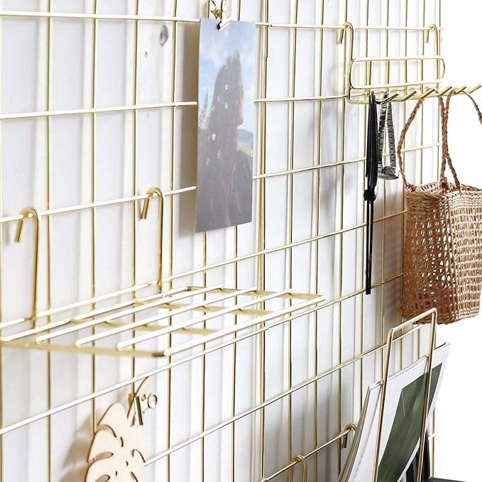 Wall Grid Panel for Photo Display,Wall Storage Organizer,5 Metal Clips & 3 S Hooks & 4 Nails & 4 Plastic Hanging Buckles and 4 Screws Offered,Size 17.5" x 11.8",2 Pack(Gold) - Image 6