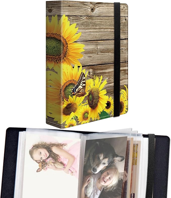 DEGDFSGR Small Photo Album 4x6 60 Pockets 120 Photos - Adventure Book Baby Photo Albums Photo Books for 4X6 Pictures Memory Book with Black Elastic Band for Photo Storage (Sunflower In Wooden, 4 X 6) by Unknown