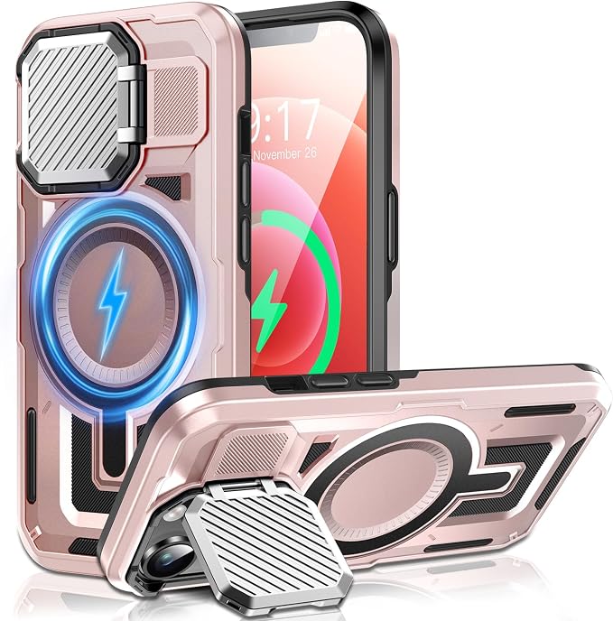 Camera Stand Case for iPhone 12/12 Pro, [Compatible with Mag Safe] [Lens Cover] 2024 Version Military Grade Protective Soft Case for iPhone 12/12 Pro 6.1 inch Men Women, Pink by WASTROYAL