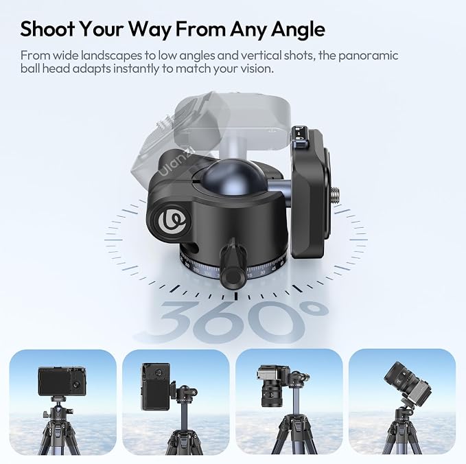 ULANZI Ombra ⅡCamera Tripod 61.5 Inch, 360° Ball Head Travel Tripod Stand with Uka Quick Release Plate for DSLR Sony Canon Fujifilm Camera Smartphone Vlogging Photography with Phone Mount Carry Bag - Image 4