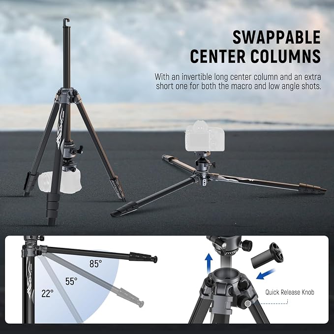 NEEWER LITETRIP LT07 61" Aluminum Travel Tripod for Camera | Pan Tilt Low Profile Ball Head, Arca QR Plate Compatible with PD Tripod Plate, Dual Center Axis, Phone Holder, Max Load 22lb - Image 4