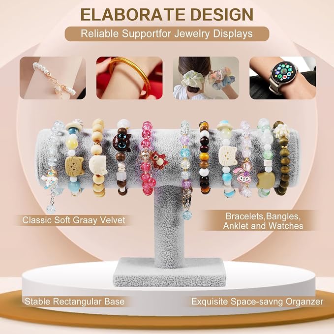 TENINYU Hovering T-Bar Bracelet Necklace Earring Bangle Pendants Anklet Tower Watch Key Jewelry Display Stand Home Organization for Women & Men (Gray Velvet) - Image 6