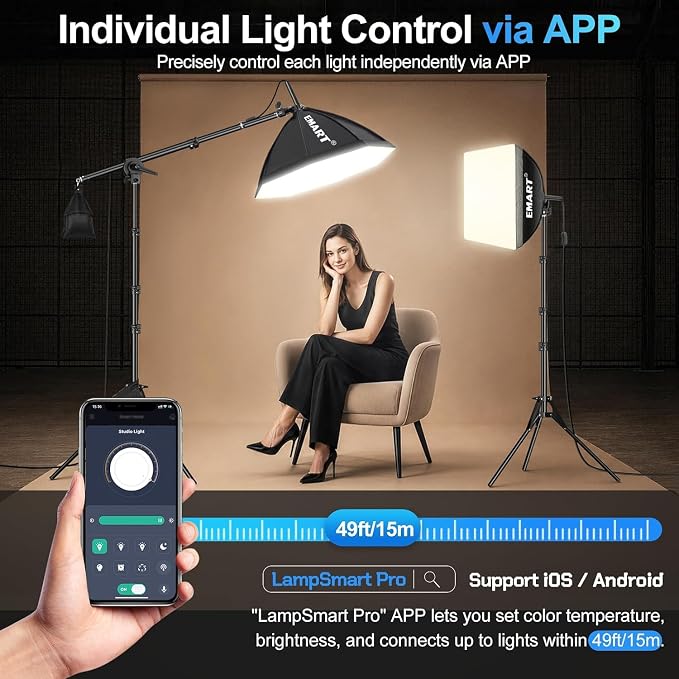 EMART Softbox Photography Lighting Kit, 50W LED 2PCS Soft Box with Boom Arm | Professional Equipment 16"x16" & 20"x20" Softbox, 50W 3000-6000K LED Bulbs, APP/Remote, Stand with Boom Arm for Studio, Vedio - Image 3
