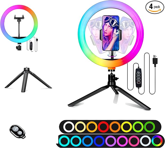 10" Selfie Ring Light with 4" Desktop Tripod Stand & 1 Phone Holder, LED Ringlight with Dimmable Modes(RGB) for Makeup/Photography/Videos/Vlog/TikTok (STDLR10-V2) by TripodTree