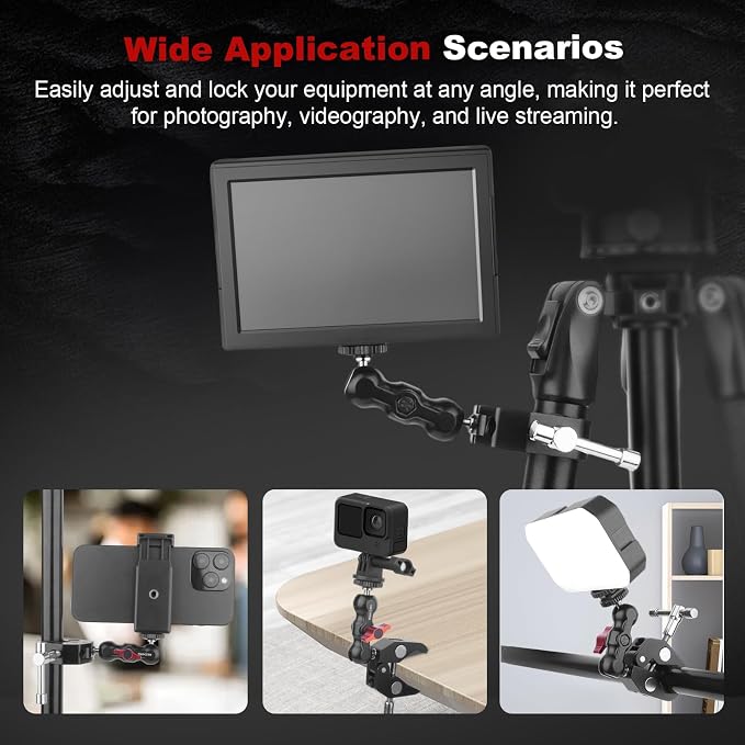 Camera Clamp Mount with Dual Ballhead Magic Arm, Aluminum Camera Mount Super Clamp Kit for DSLR Action Camera/Phone/Monitor/LED Light/Microphone, for Desk/Tripod/Tube/Crossbar (SY001) - Image 6