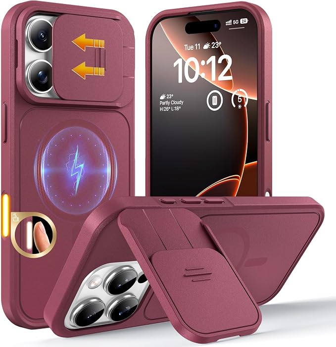 TOCOL for iPhone 16 Pro Max Case with Slide Camera Cover, Kickstand and Camera Control Button, Fit for MagSafe, Rugged Solid Phone Case, Non-Slip, Drop Protection, Wine by TOCOL