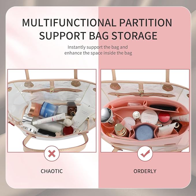 Doxo Purse Organizer Insert for Handbags & Base Shaper 2pc Set, Felt Neverfull PM Organizer Insert, Tote Bag Organizer with Zipper Pocket and Bottle Holder, Fit Neverfull PM and More, Pink-M - Image 6