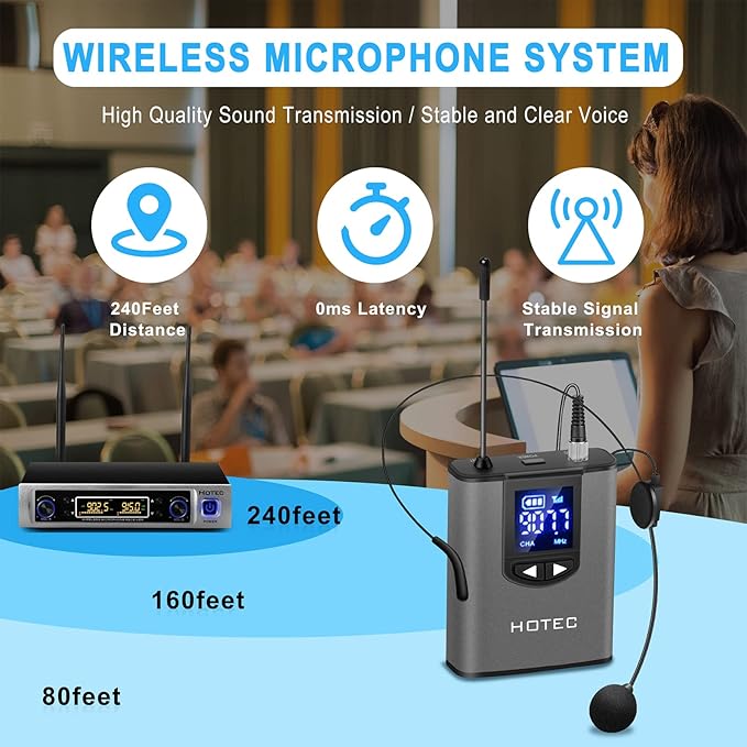 HOTEC UHF Wireless Microphone System with Dual Lapel/Lavalier and Headset Microphones Over PA, Mixer, Speaker, Karaoke Machine for Church, Training, Classroom, Interview (H-K25) - Image 3