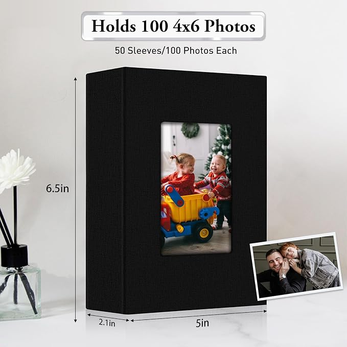 Small Photo Album 4x6,Linen Cover Slide-in Mini Photo Album Book Can Holds 100 4x6 Photos with 50 Black Sheets for Baby Family Pictures Artwork or Postcards Storage (Black) - Image 3