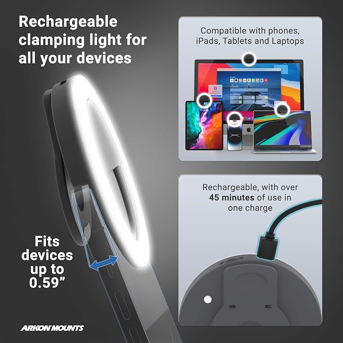ARKON Mounts Rechargeable Phone Selfie Light | 40 High Power LEDs | Color Accurate | 3 Light Modes | Ring Light for Phone, Laptop, iPhone, IPad, Video - Image 6