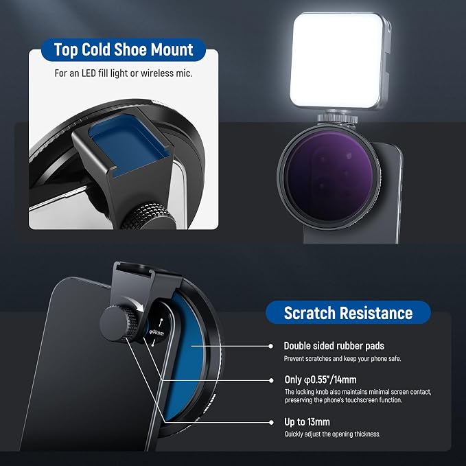 NEEWER 67mm Clip On Variable ND2-ND32 Phone Lens Filter Kit, Phone Clip with Magnetic Adapter Ring/Cold Shoe/Locking Knob, HD Magnetic ND Filter for iPhone 15 Pro Max 14 13 Galaxy S22 S23 S24 Ultra - Image 5