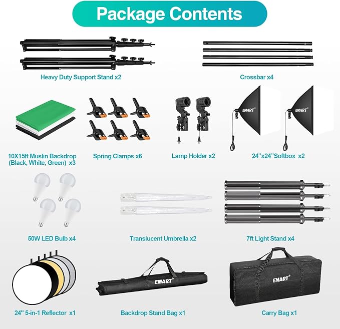 EMART Photography Lighting Kit with 10x10Ft Heavy Duty Backdrop Stand Kits - Image 8