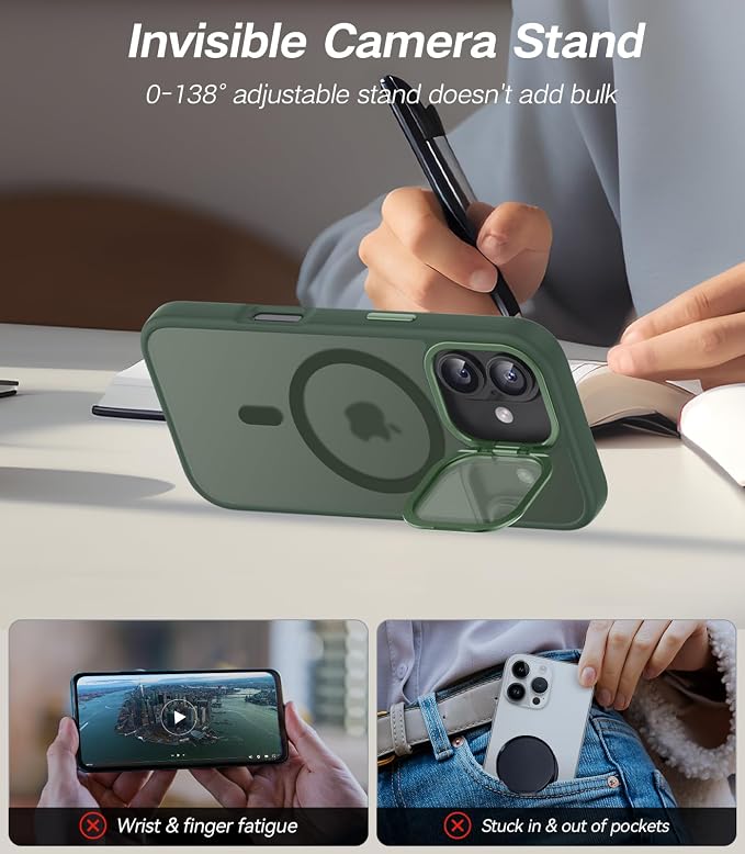 VOFATA [Upgraded Full Camera Protection] for iPhone 17 Case with Camera Cover Stand [Fit for MagSafe][10FT Mil-Grade Protection] Translucent Magnetic iPhone 17 Phone Case, Green - Image 4