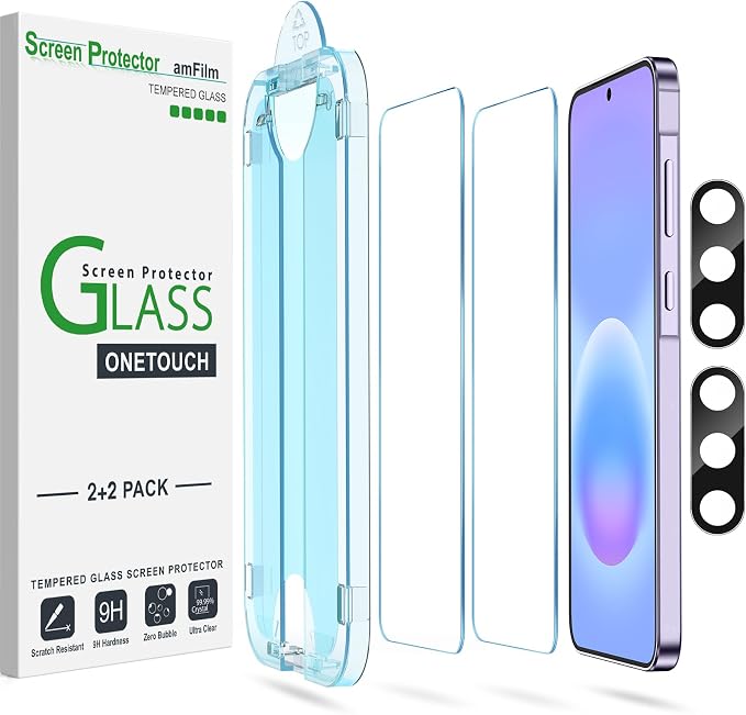 amFilm OneTouch for Samsung Galaxy A57 Screen Protector Tempered Glass | Auto-Alignment, 30s Install, Bubble Free, Scratch & Drop Protection, HD Clear, Camera Lens Protector, 2+2 Pack (A57-6.7'') by amFilm