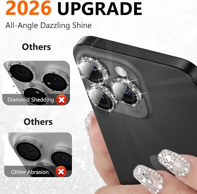 YWXTW [All-Over Glitter] Camera Lens Protector for iPhone 17 Pro Max/17 Pro/16 Pro Max/16 Pro/15 Pro Max/15 Pro/14 Pro/Max, 9H Tempered Glass Camera Cover, Anti-Scratch Case Friendly (Black) - Image 2